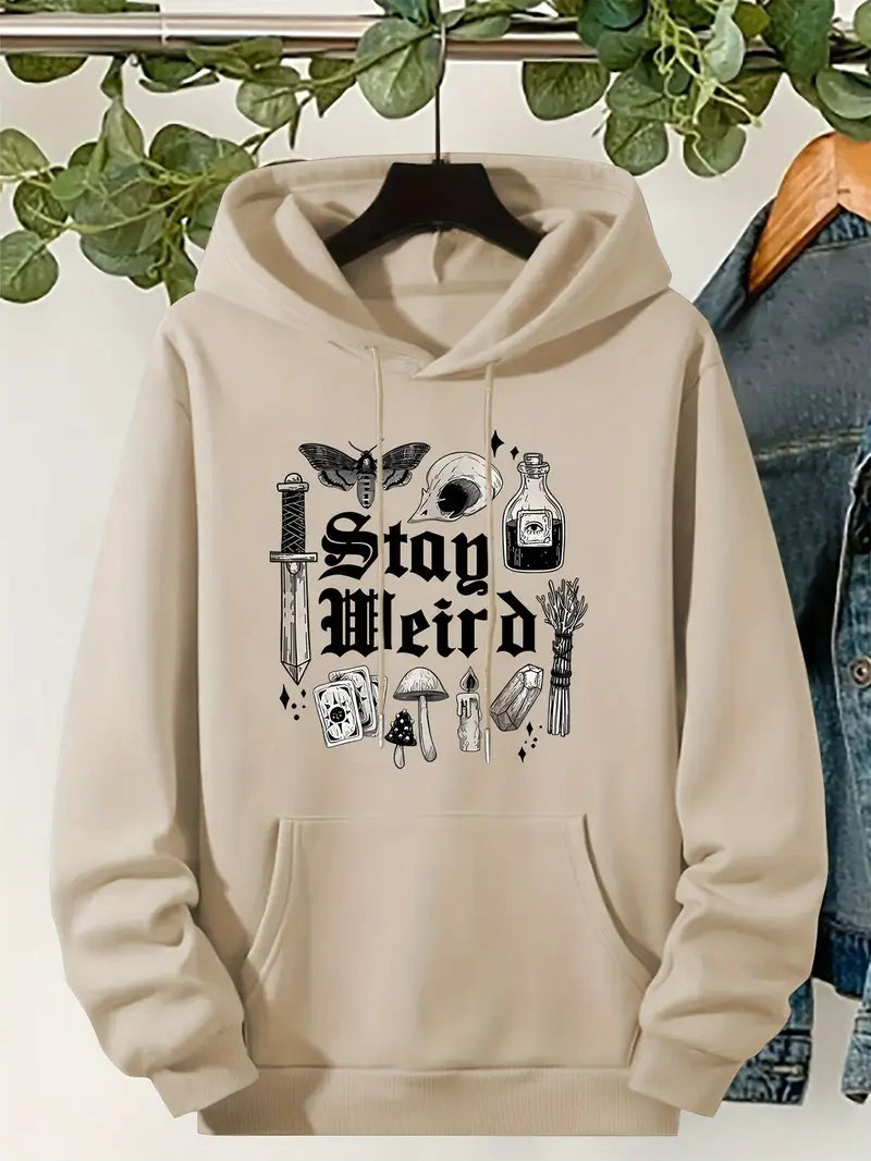 Cozy Gothic Mushroom & Wine Bottle Graphic Hoodie with Drawstring