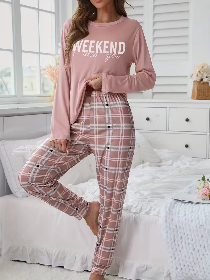 Women'S Cozy Pink & White Plaid Pajama Set