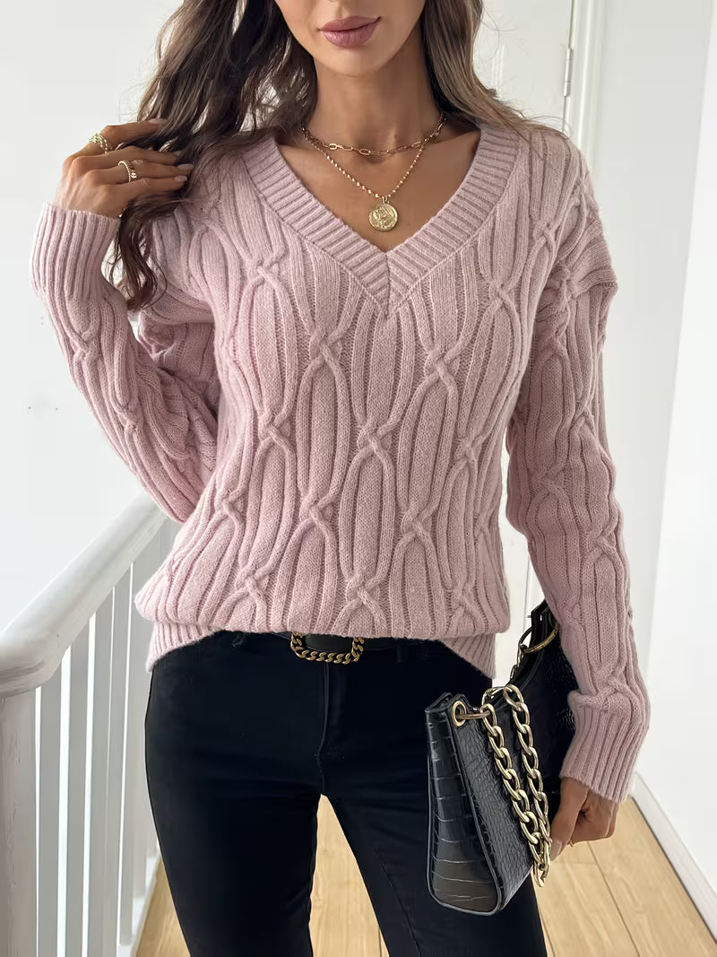 Plain V-neck Cable Knit Sweater