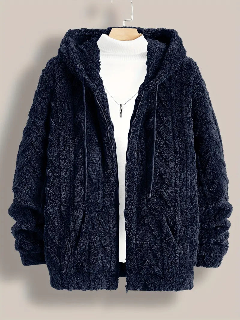 Comfy Solid Color Hooded Fleece Jacket For Men