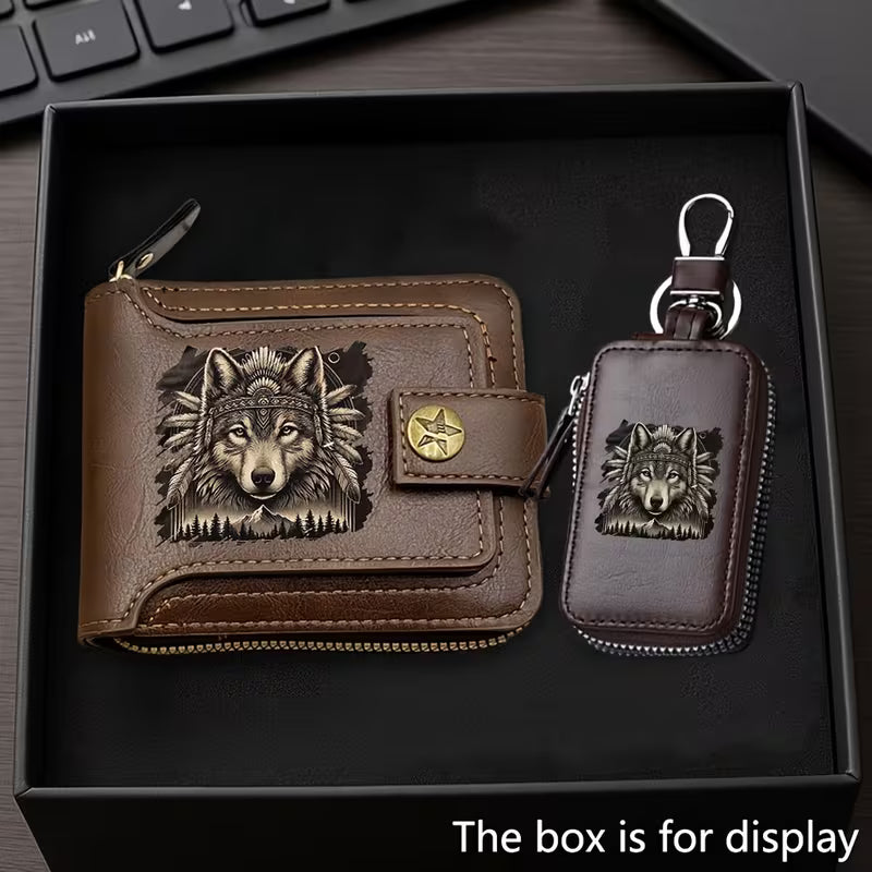 2pcs Set Grey Wolf Print Design Fashion Business Wallet + Key Case Combo Set