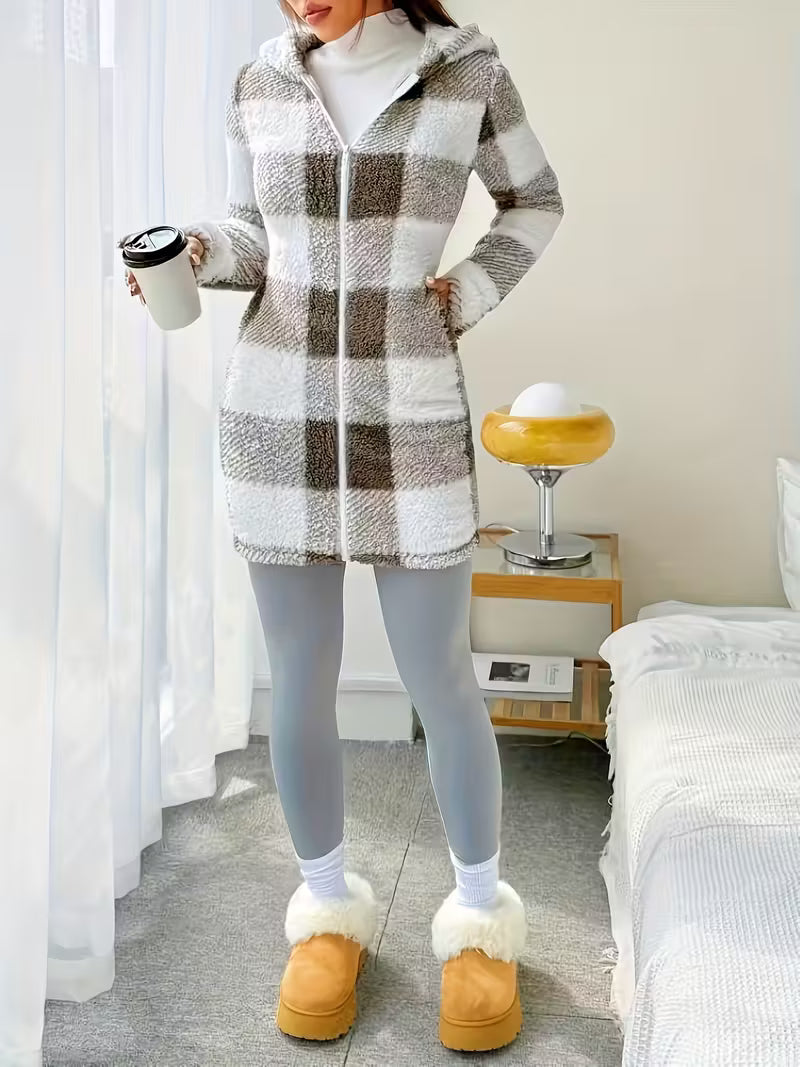 Plaid Patterned Reversible Plush Hooded Zip-Up Cardigan