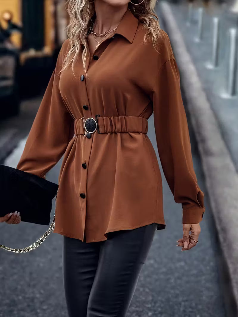 Women's Elegant Oversized Long Sleeve Shirt Jacket with Belt