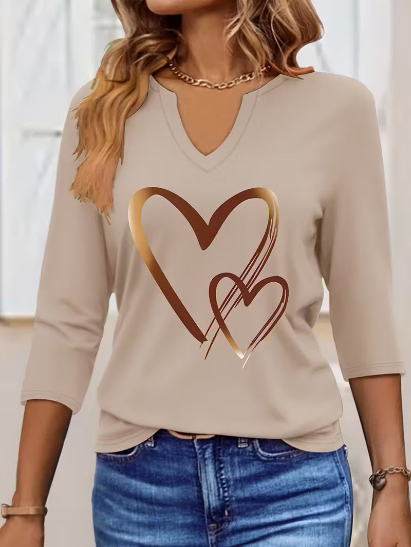 Women's Casual V-Neck Three-Quarter Sleeve T-Shirt with Heart Graphic Print