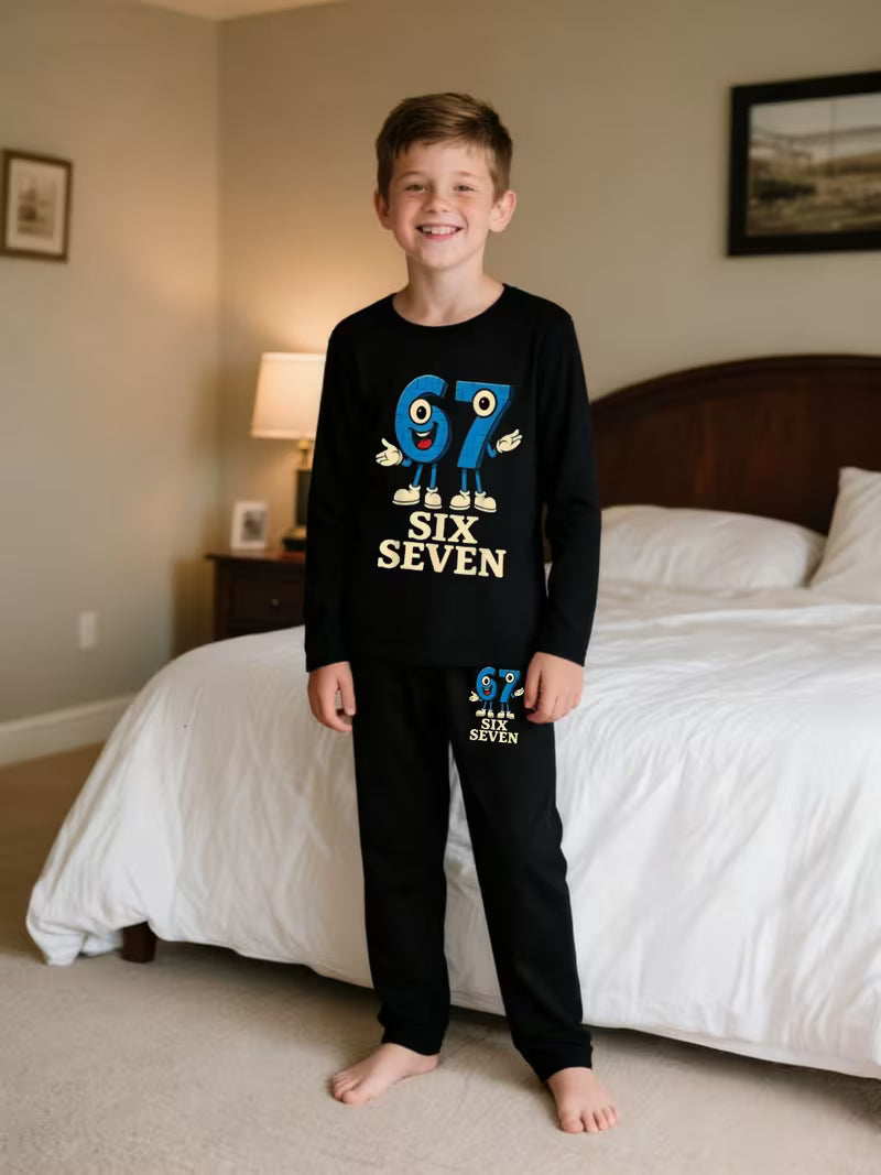 2pcs Boys' 67 Six Seven Math Joke Print Pajama Set