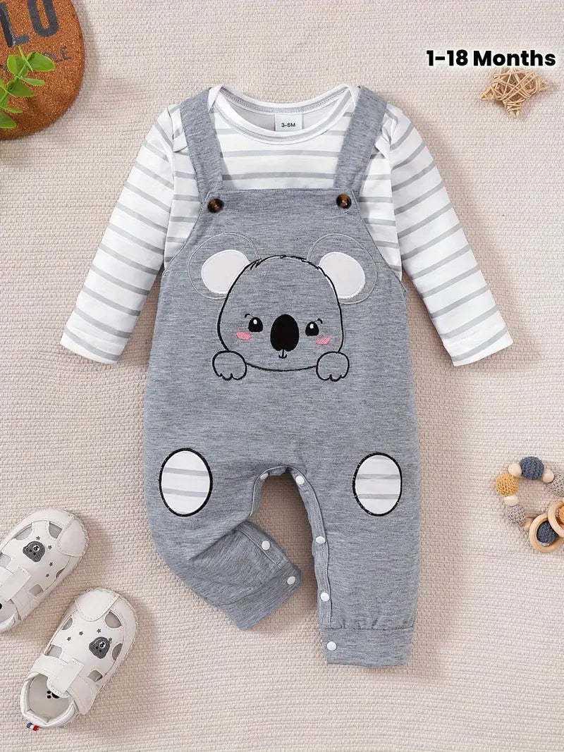 Striped Panda Print Boys' Knit Romper Set