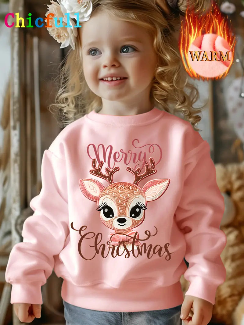 Girls' Pastel Pink Christmas Sweater with Deer & Hearts Print