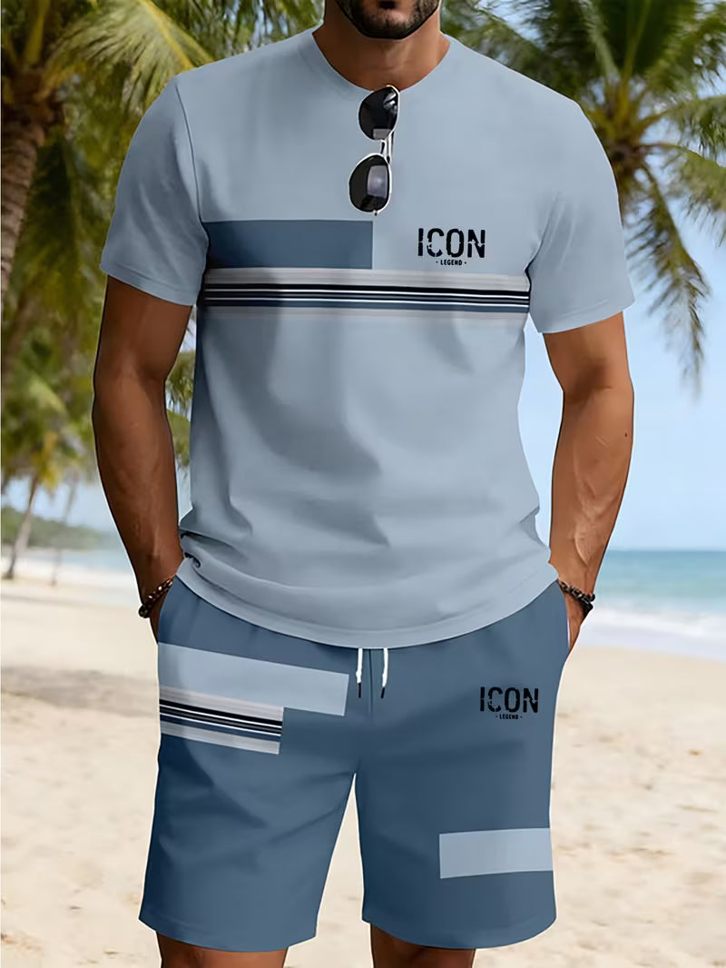 Men's Casual Trendy Loose Breathable Beachwear Short-sleeve T-shirt and Shorts Two-piece Set