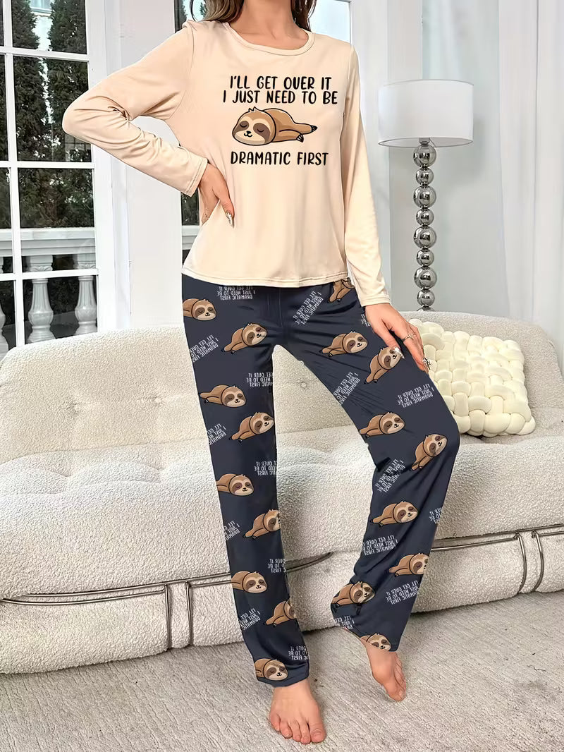 Women's Cartoon Sloth Print Pajama Set