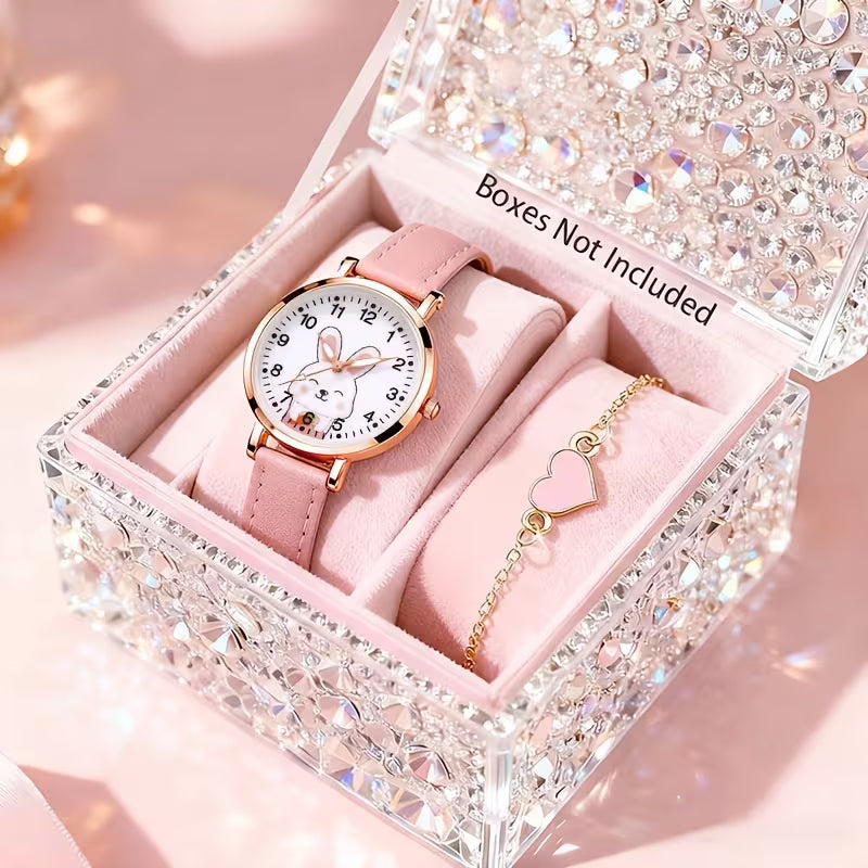 2pcs Cute Rabbit Round Quartz Watch and Bracelet Set