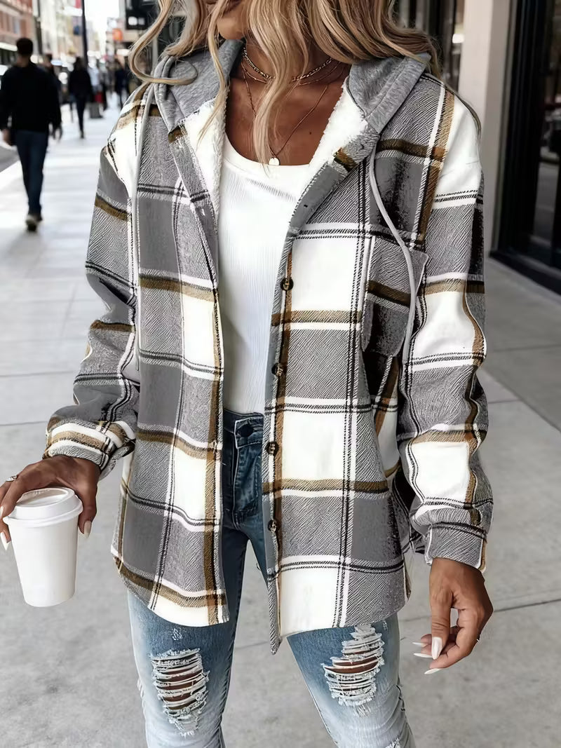 Women'S Plaid Hooded Jacket with Fleece Lining