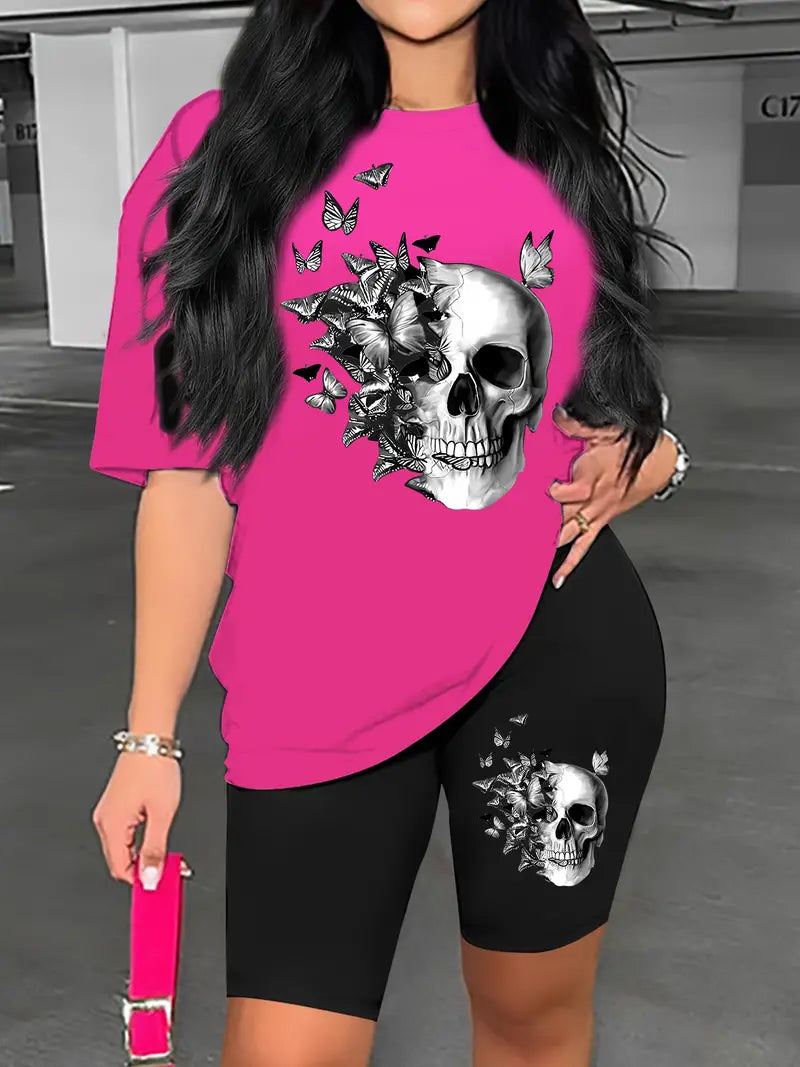 Women'S Casual Two-Piece Set with Butterfly Skull Print