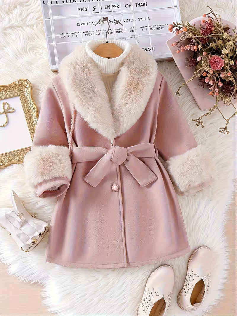 Princess-Style Beige Faux Fur-Lined Coat with Bow Detail