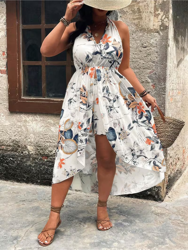 2pcs Plus Size Halter-Neck Floral Print Top and Shorts Set