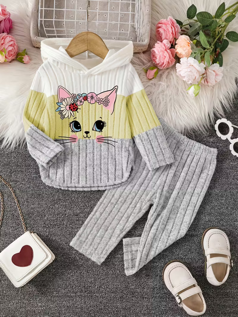 2pcs Girls' Winter Warm Hooded Sweater & Pants Set