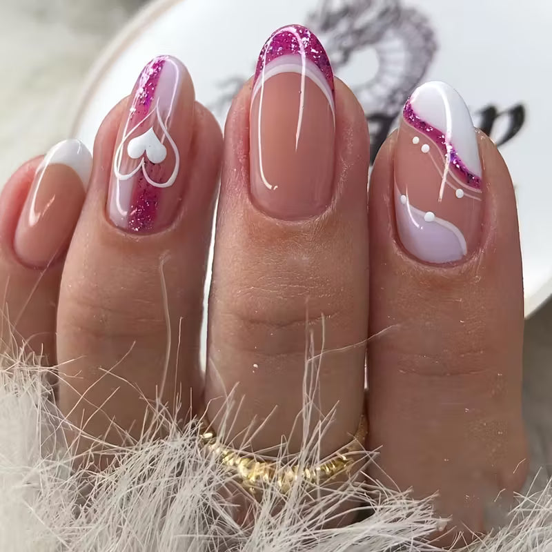 24pcs Teardrop Press-On Nails Set, Mixed Color Glossy Finish, Heart Pattern with Sparkling Accents