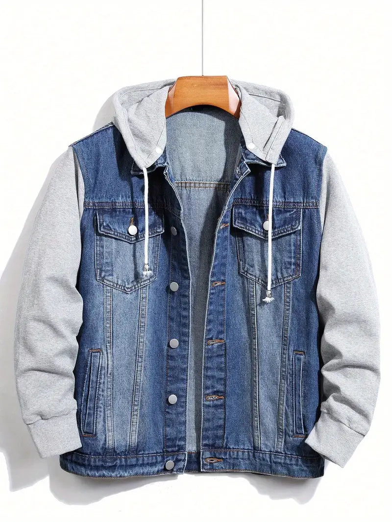 Men's Heavyweight Cotton Denim Hooded Jacket with Drawstring