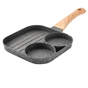 2 Holes Square Frying Pan Metal Round Egg and Bacon Frying Pan with Wooden Handle