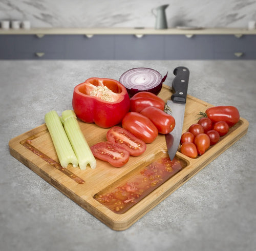 Bamboo Cutting Board Serving Board with 2 Built in Compartments and Juice Groove