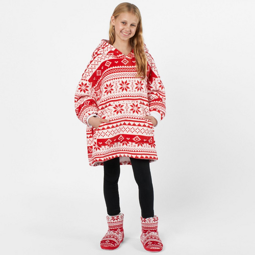 Kids Nordic Print Hoodie Blanket - Red