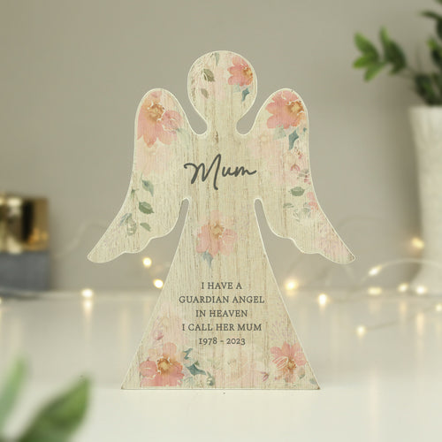 Personalised Floral Rustic Wooden Angel Decoration