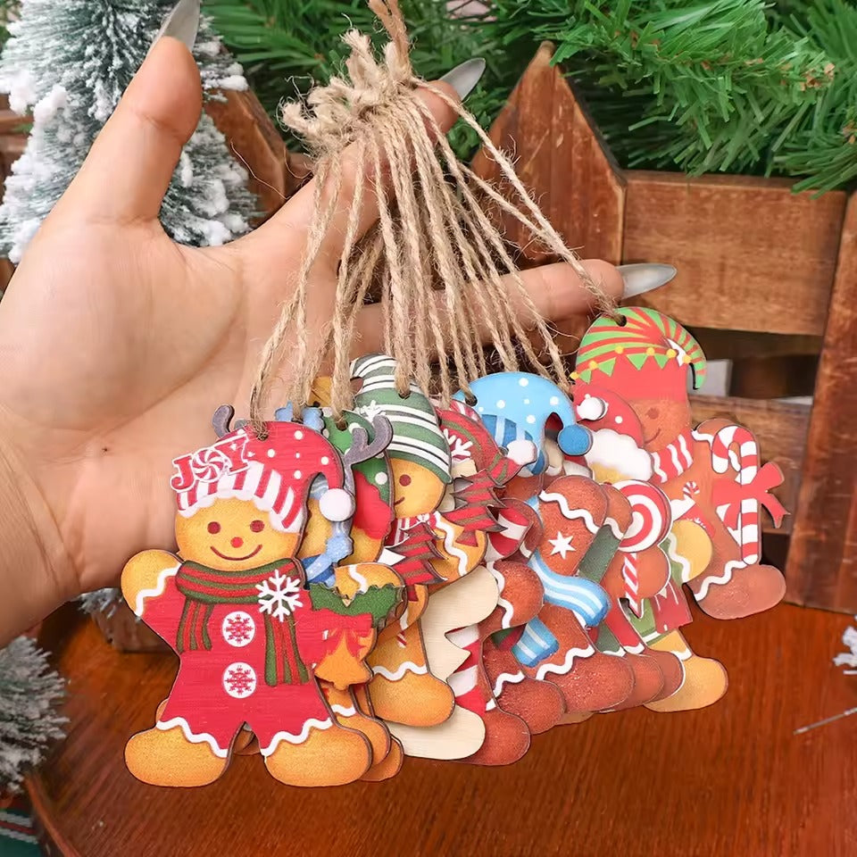 12PCS Gingerbread Man Ornaments Christmas Tree Wooden Hanging
