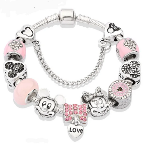 Pink Silver Crystal Mickey Minnie Bracelet