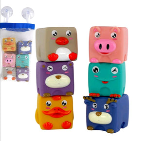 Baby Stacking Building Blocks Soft Animal Bath Squeaky Sound Colour Toys 6 Pcs