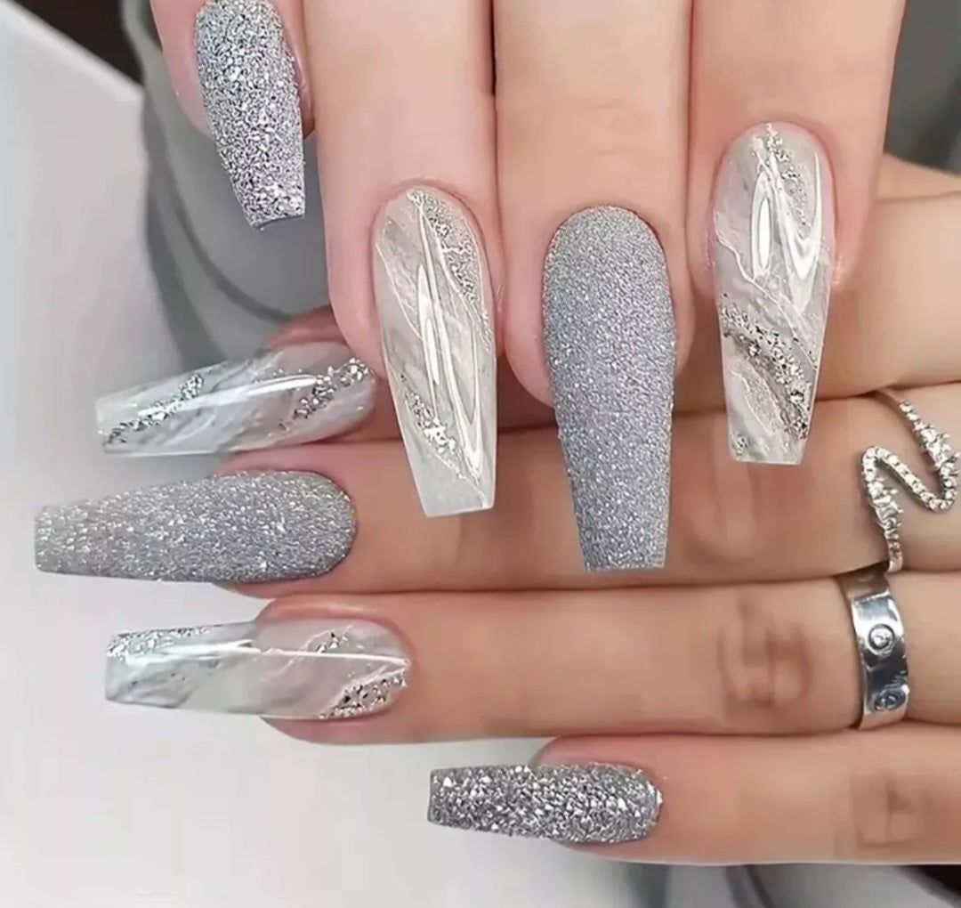 24 Pcs Long Coffin/ballet Glossy Marble Pattern With Glitter False Nails