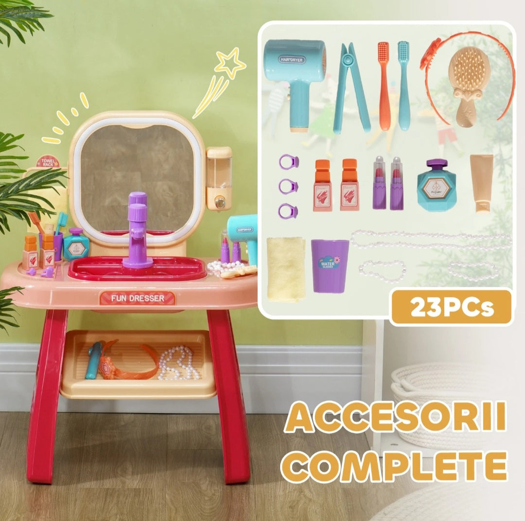 Kids Vanity Table Set with Mirror, LED Light, Music, 23 Accessories, Pink