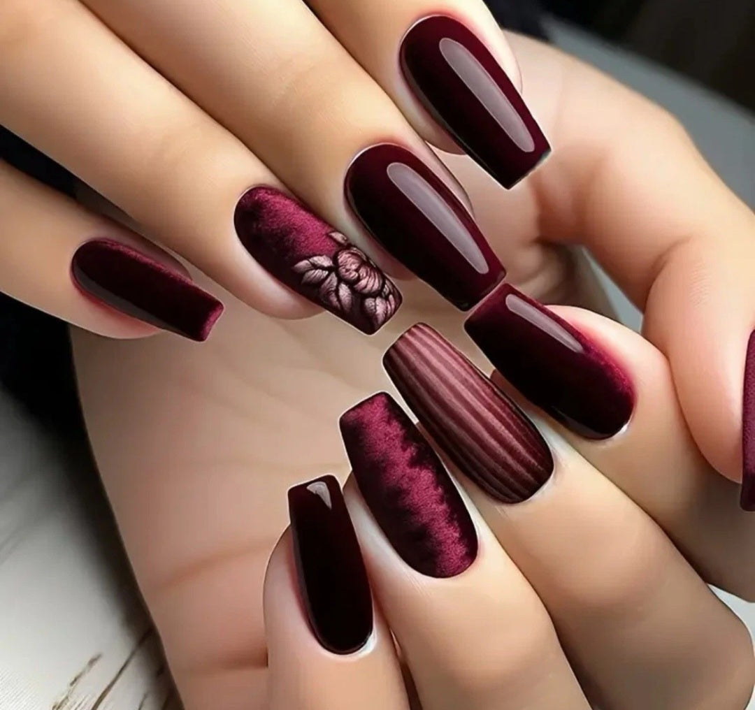 Medium Glossy Red Tone With Floral And Strip Pattern Nails