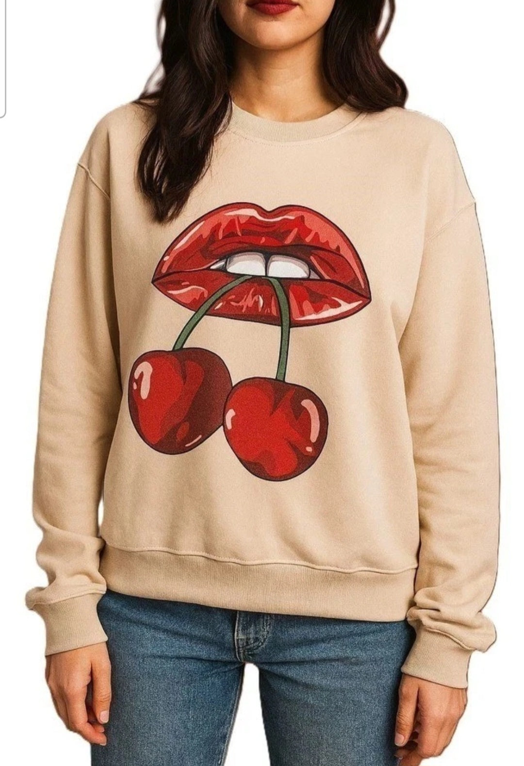 Womens Cherry Lips Print Sweatshirt