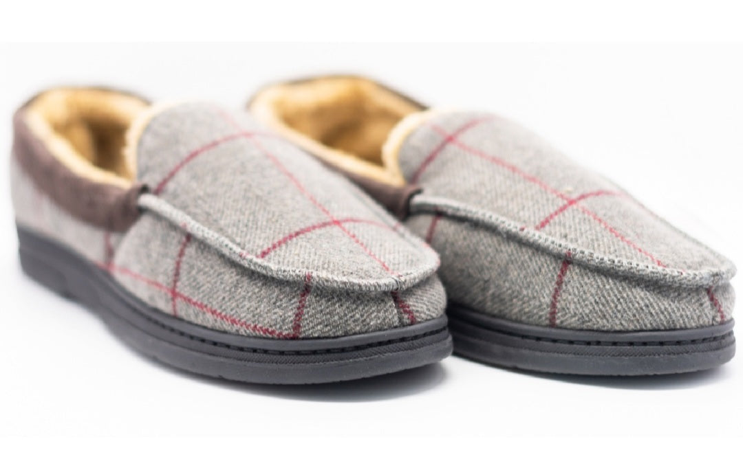 MENS MOCCASIN CHECK WARM FAUX SUEDE SHEEPSKIN FUR LINED WINTER SLIPPERS