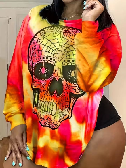 Plus Size Tye Dye Skull Print Top Orange