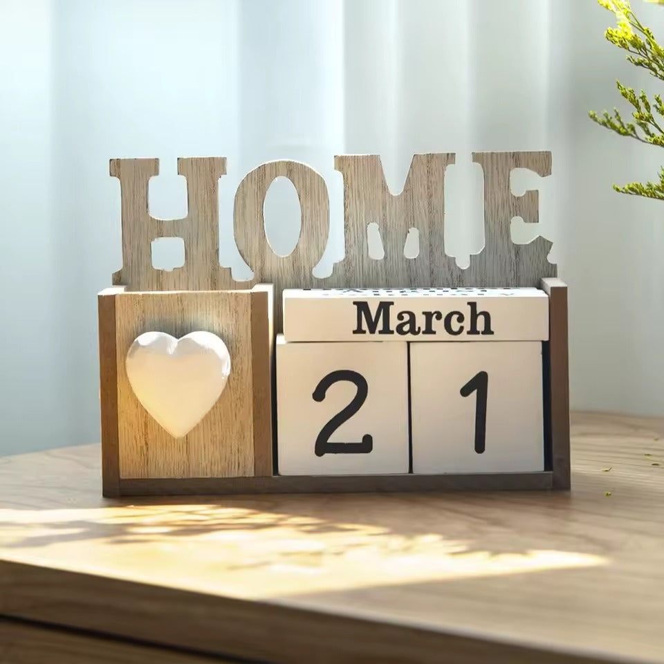 Wooden Home Perpetual Calendar with Pen Holder