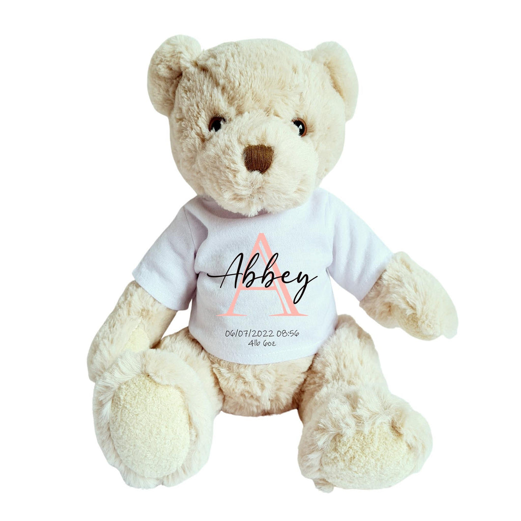 Teddy Bear with Personalised Pink Initial Shirt