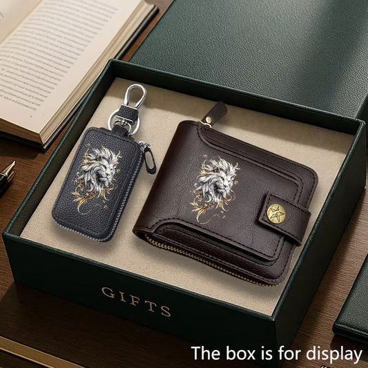 2pcs Lion Print Wallet and Key Case Set