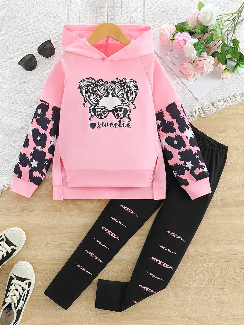 Casual Character Print Hooded Long Sleeve Jacket and Random Ankle-Length Pants