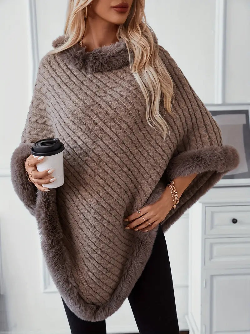 Women's Retro Cable Faux Fur-Lined Cape-Style Poncho