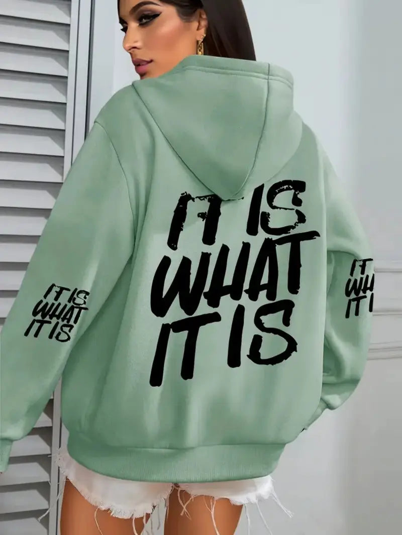 Plus Size, IT IS WHAT IT IS Letter Print Hooded Fleece Sweatshirt
