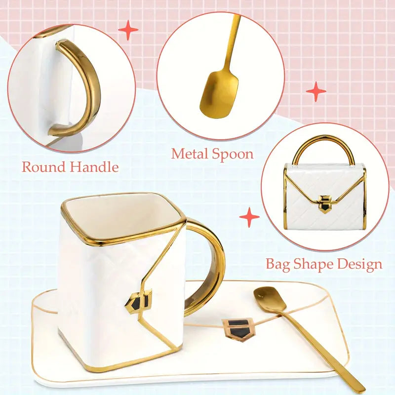 10oz Ceramic Coffee Cup, with Spoon and Plate Handbag Shape
