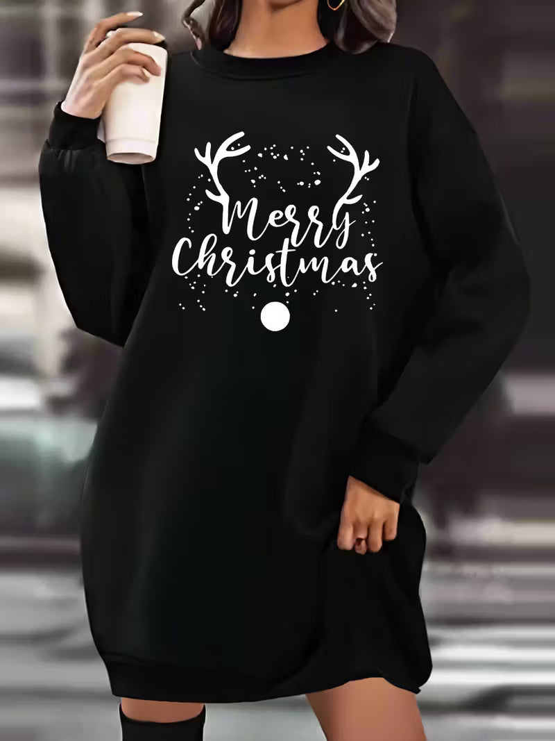 Women's Printed Fleece-Lined Casual Sweatshirt Dress