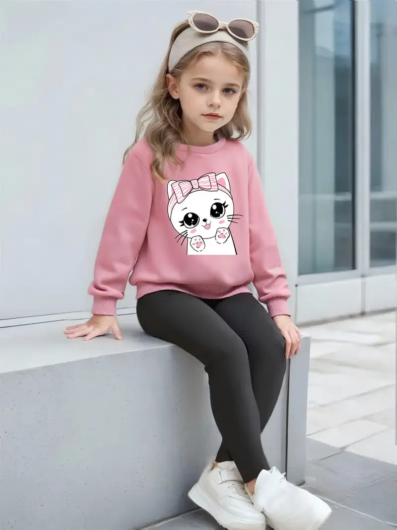 Fashionable Girls' Casual Print Sweatshirt Paired with Solid Color Leggings