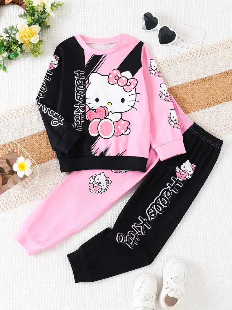 2pcs Girls' Hello Kitty Pink & Black Outfit Set