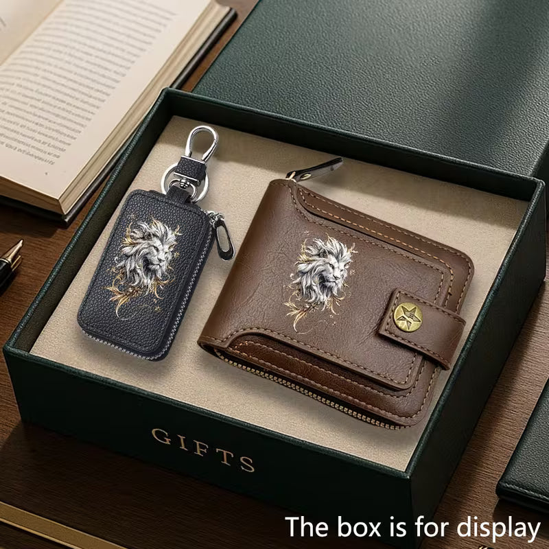 2pcs Lion Print Wallet and Key Case Set