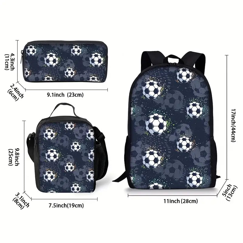 Football Print Black Backpack Three Piece Set