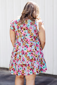 Floral Ruffled Cap Sleeve Plus Size Mini Dress