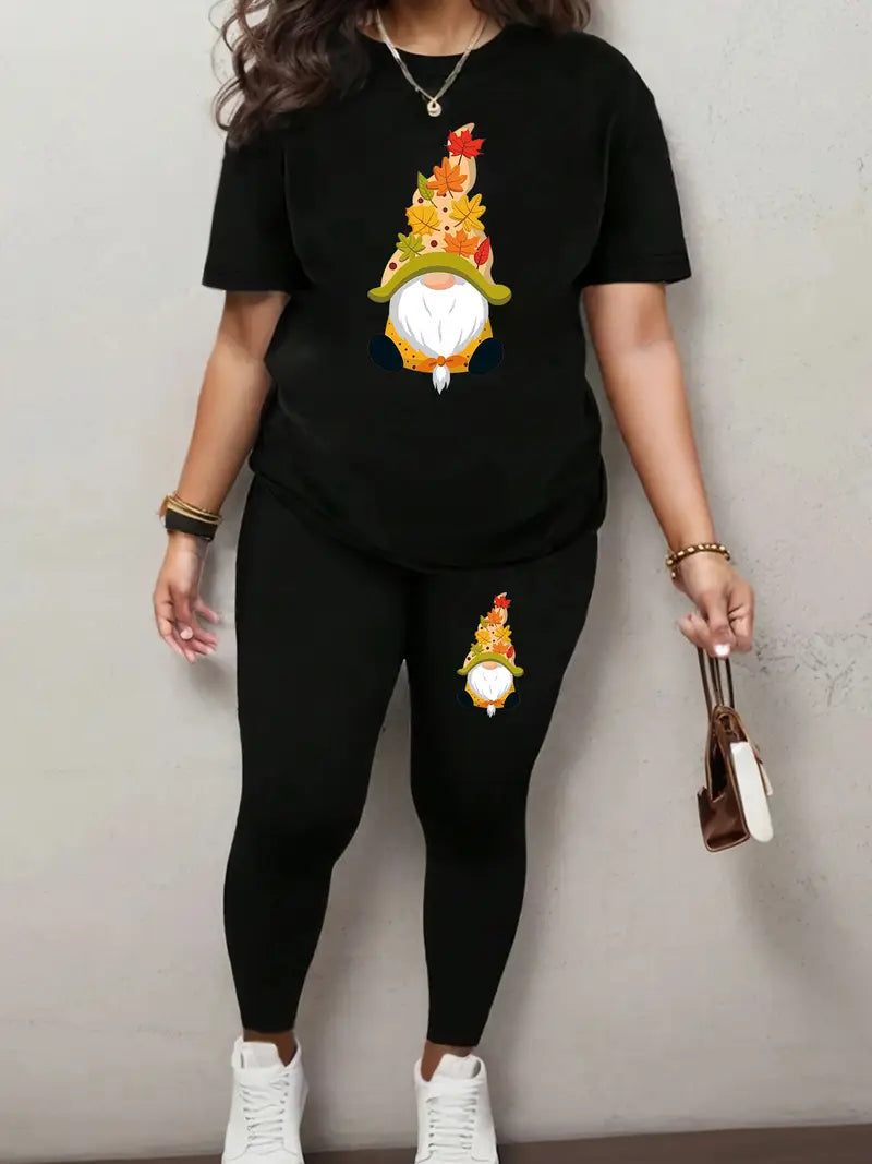 Autumn Gnome Print Casual Round Neck Short Sleeve T-Shirt and Pants Fashion Set