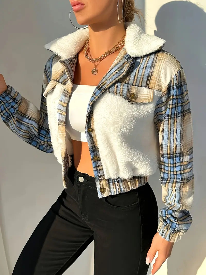 Long Sleeve Fluffy Crop Plaid Print Button Jacket