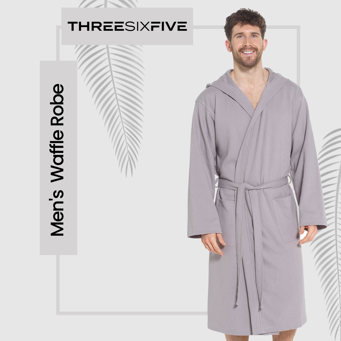Men’s Hooded Waffle Cotton Bathrobe Grey Super Absorbent Spa Robe Luxury Dressing Gown for Home & Loungewear